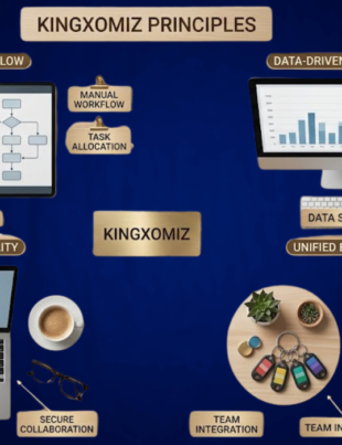 Kingxomiz workflow diagram on a flat lay wood desk layout