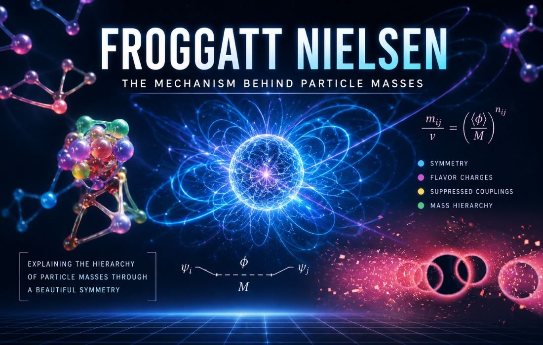Froggatt Nielsen featured image illustrating particle masses, flavor symmetry, quantum interactions and the Froggatt Nielsen mechanism in theoretical physics.