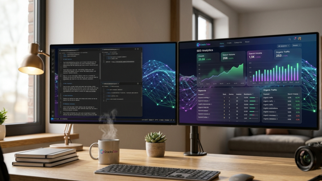Modern workspace setup with dual screen monitors