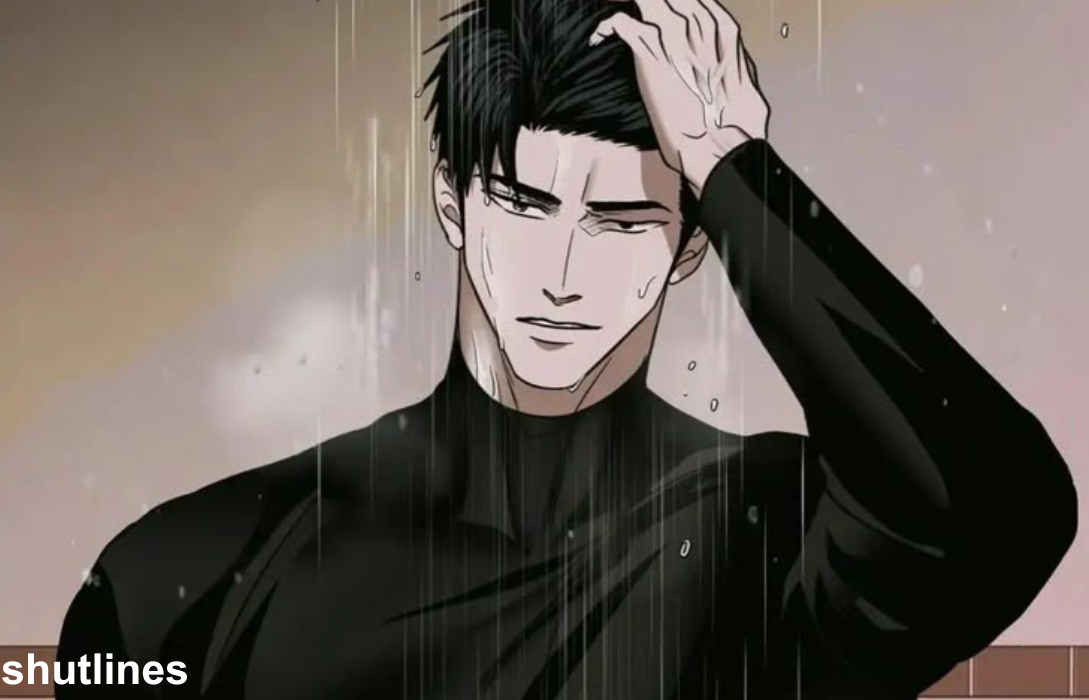 Anime illustration of Jake Gillan from Shutline with black hair, wearing a tight black long-sleeve shirt under pouring rain while running a hand through his wet hair.