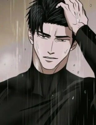 Anime illustration of Jake Gillan from Shutline with black hair, wearing a tight black long-sleeve shirt under pouring rain while running a hand through his wet hair.