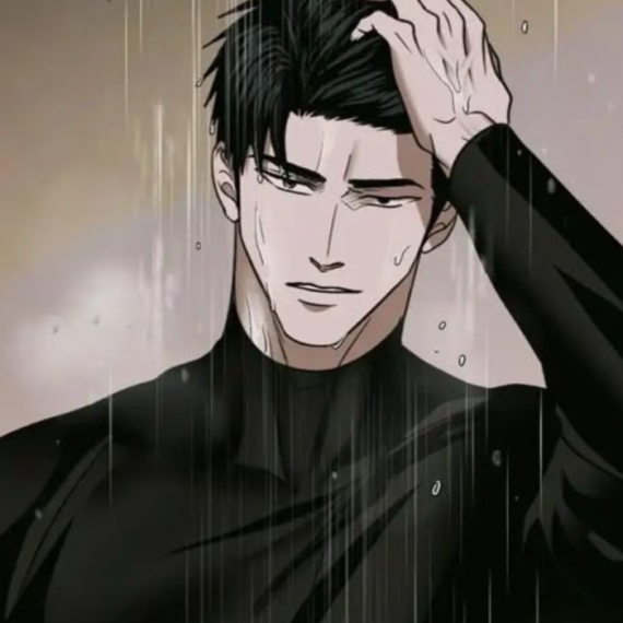 Anime illustration of Jake Gillan from Shutline with black hair, wearing a tight black long-sleeve shirt under pouring rain while running a hand through his wet hair.