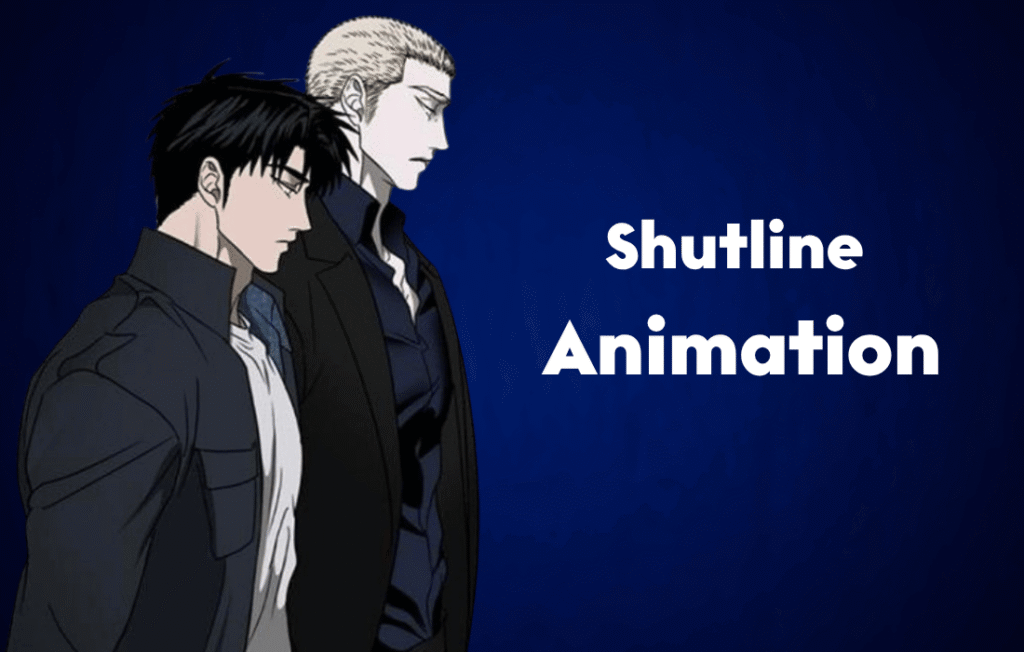 Shutline Animation artwork showing Jake and Shin walking side by side with the Shutline Animation title on a dark blue background.
