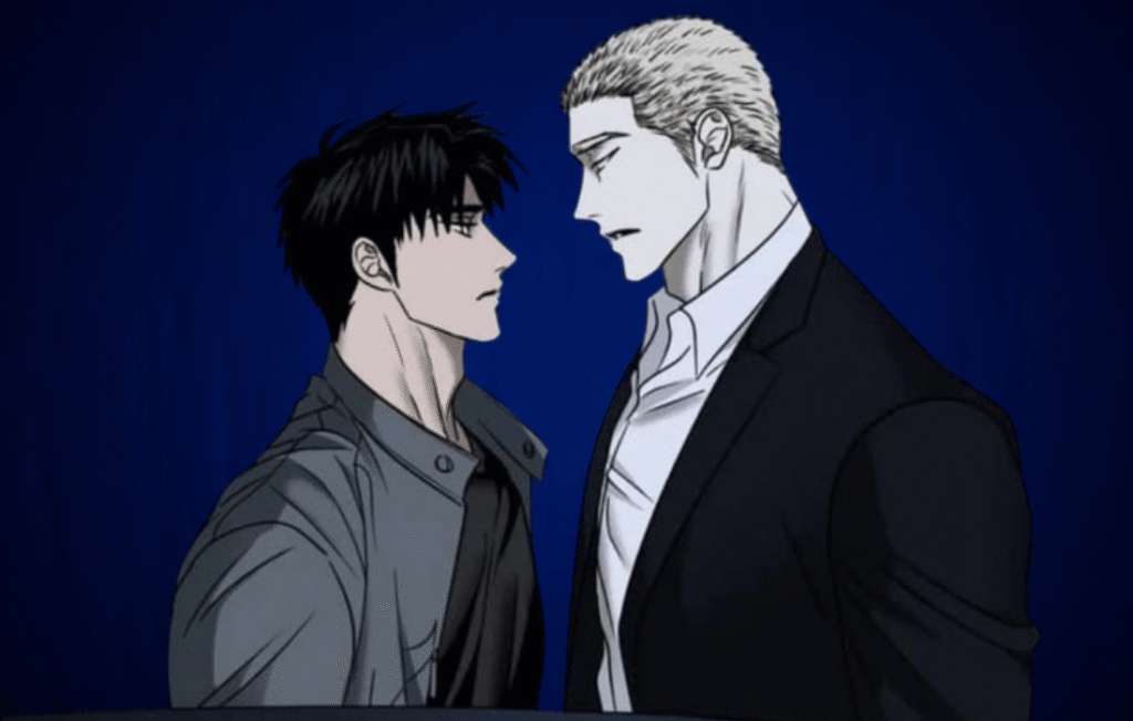 Jake and Shin from Shutline manhwa standing face to face in an intense scene against a dark blue background.