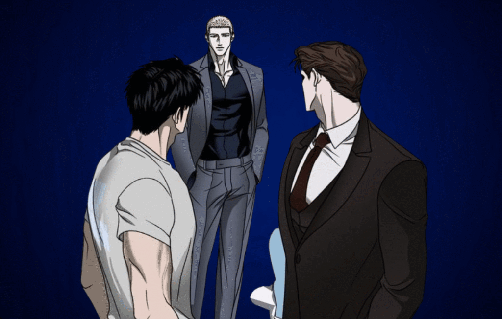 Shutline manhwa artwork featuring Jake, Shin, and another character in a dramatic confrontation against a dark blue background.