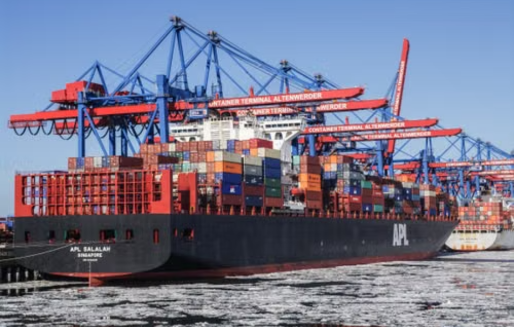 Global Trader Programme cargo ship loading at container port.