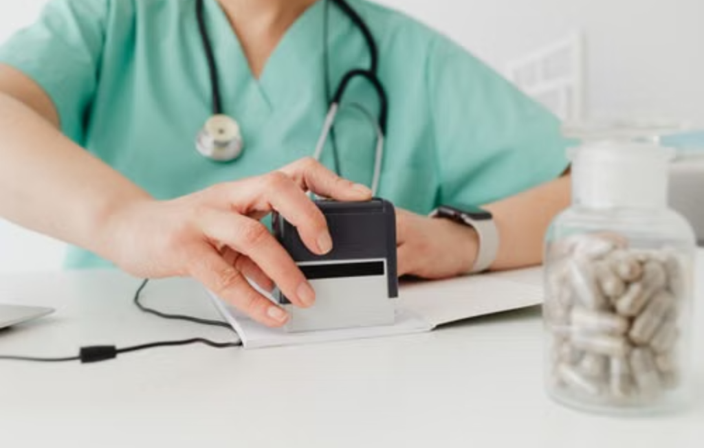 Healthcare professional stamping medical prescription document.