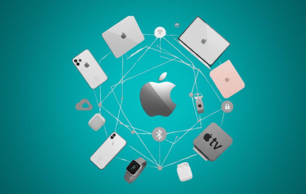 CDiPhone display of Apple tech products flat lay setup.
