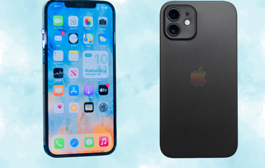 CDiPhone showing front and back view of Apple iPhone 12.