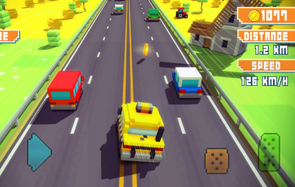Escape Road Unblocked 3D blocky driving gameplay view.