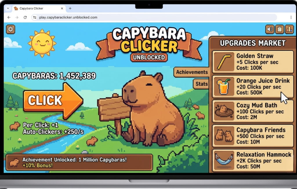 Capybara Clicker Unblocked pixel art game on laptop.