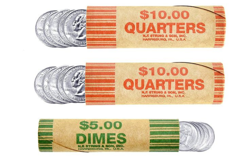 Paper coin wrappers for quarters and dimes comparison.