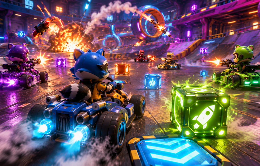 Smash Karts Unblocked neon 3D kart battle gameplay scene.