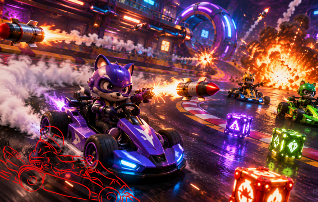 Smash Karts Unblocked purple character firing rockets game.