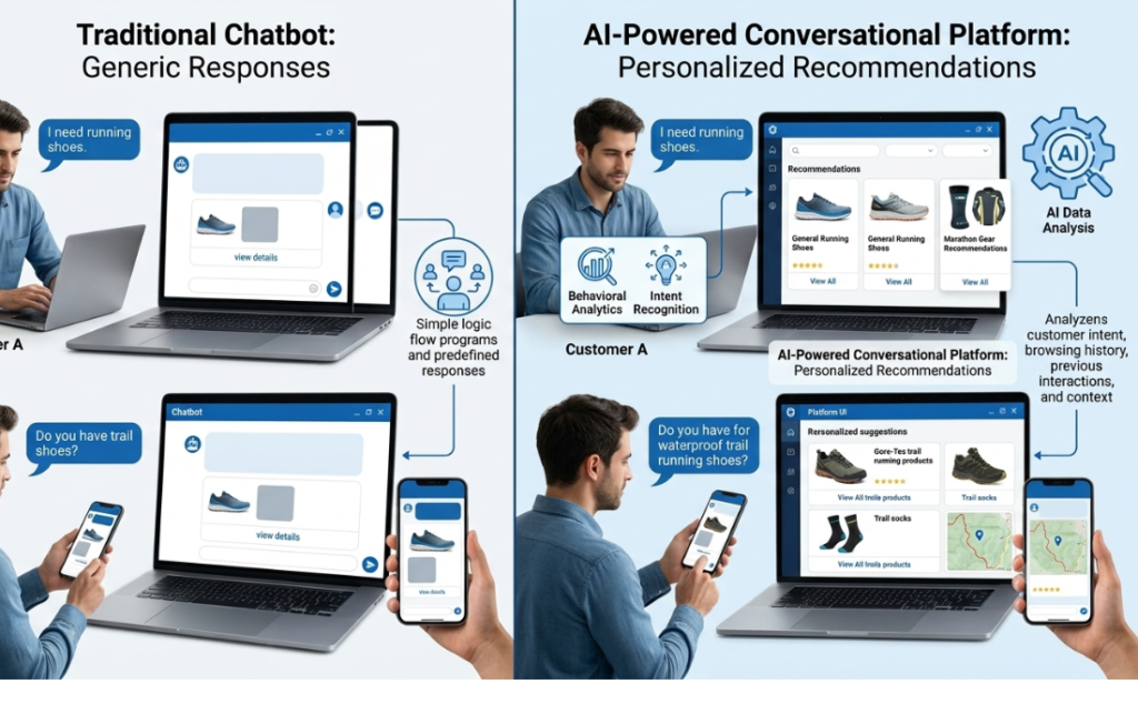 Konversky AI-powered conversational platform compared with a traditional chatbot, delivering personalized product recommendations based on customer intent.