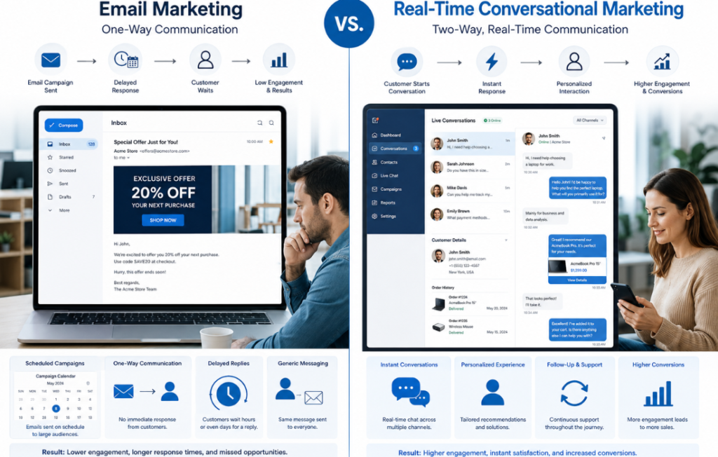 Konversky conversational marketing infographic comparing email marketing with real-time customer engagement and live chat.