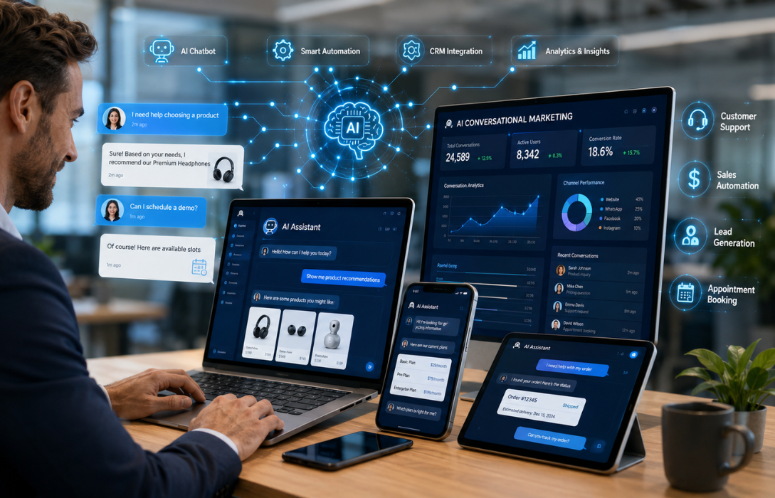AI conversational marketing platform displayed across laptop, tablet, and mobile, featuring chatbot automation, CRM integration, customer support, and analytics dashboard.