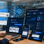 AI conversational marketing platform displayed across laptop, tablet, and mobile, featuring chatbot automation, CRM integration, customer support, and analytics dashboard.