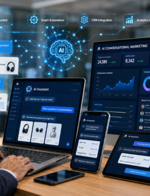 AI conversational marketing platform displayed across laptop, tablet, and mobile, featuring chatbot automation, CRM integration, customer support, and analytics dashboard.