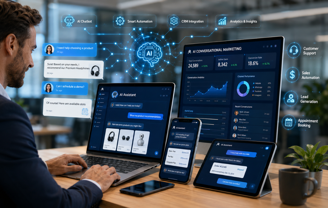 AI conversational marketing platform displayed across laptop, tablet, and mobile, featuring chatbot automation, CRM integration, customer support, and analytics dashboard.