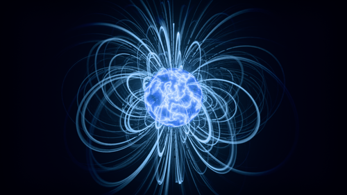 Froggatt Nielsen illustration showing a glowing blue plasma sphere surrounded by magnetic field lines representing electromagnetic forces.