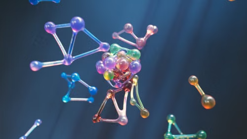 Colorful 3D molecular structures floating in space, representing atoms, chemical bonds, nanotechnology and scientific research.