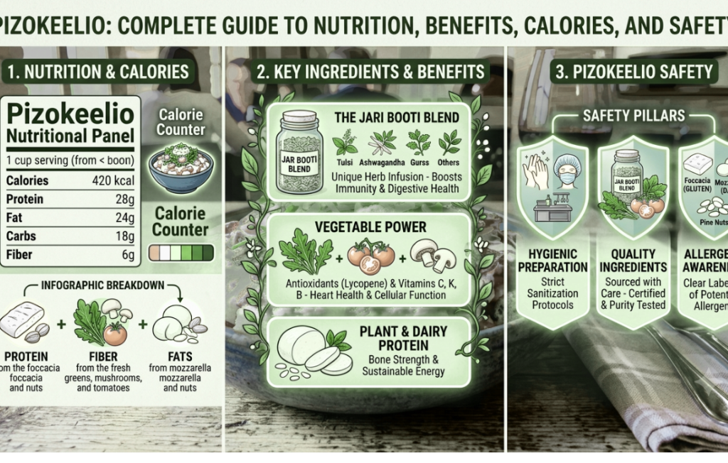 Pizokeelio nutrition infographic with calorie and safety facts