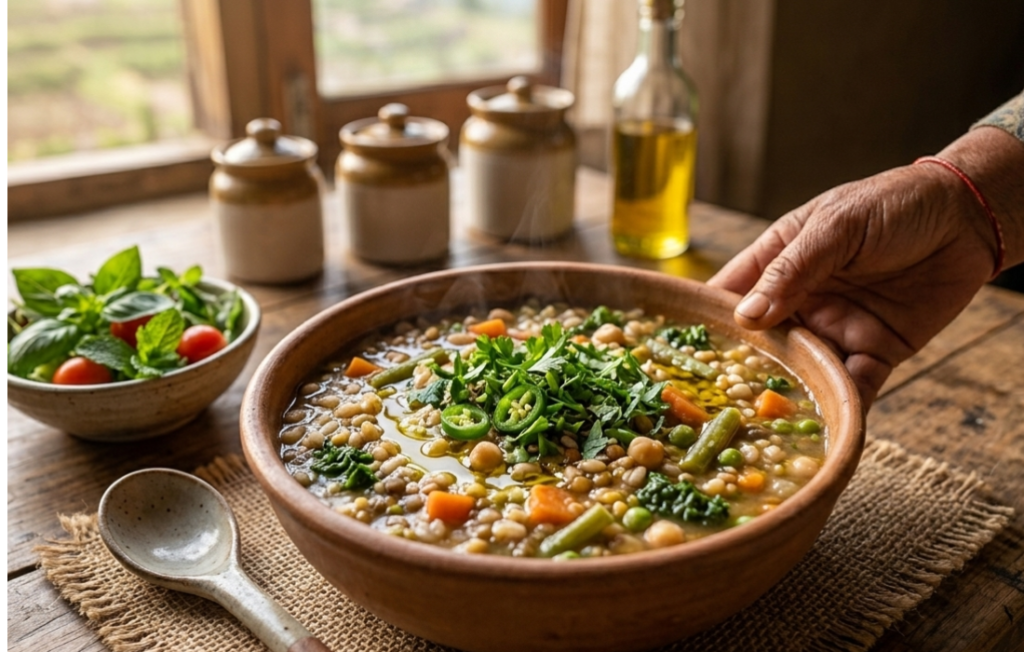 A person serves a hearty bowl of Pizokeelio stew on a table