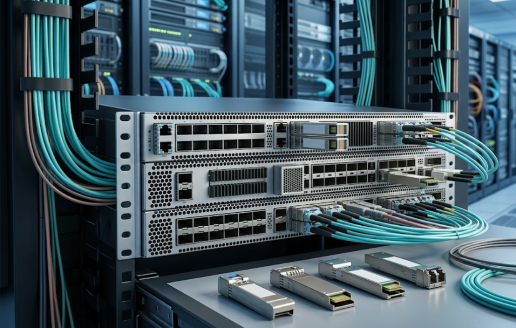 Multi source agreement network switch with fiber cables