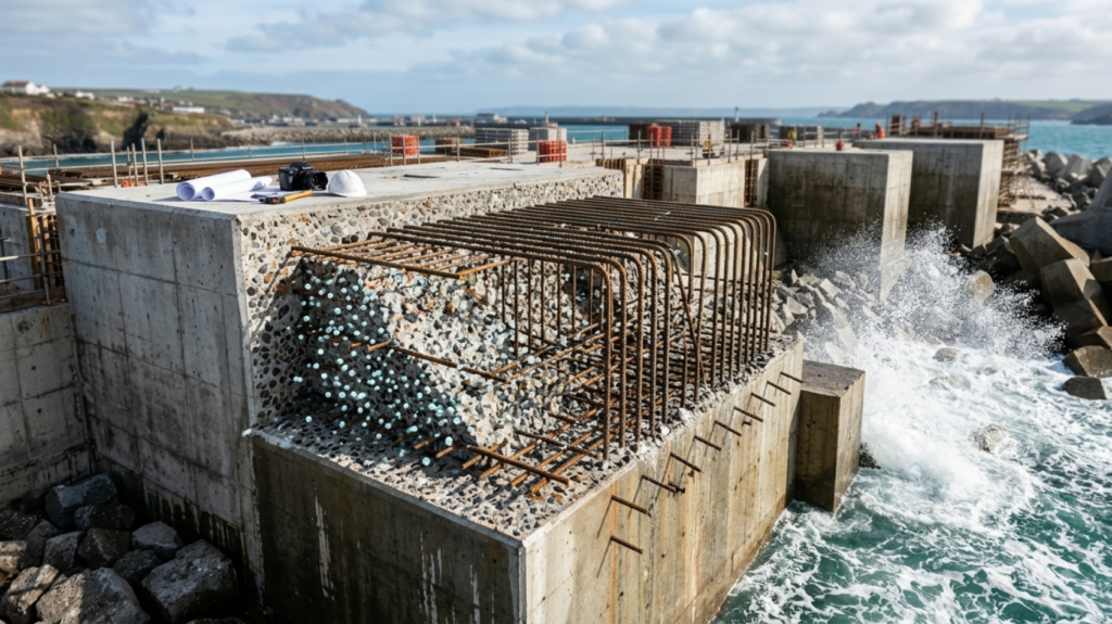 Engineering photograph of a reinforced-concrete marine structure exposed to seawater and splash conditions, emphasizing the dense concrete matrix that slows chloride and sulfate penetration and helps protect reinforcement.