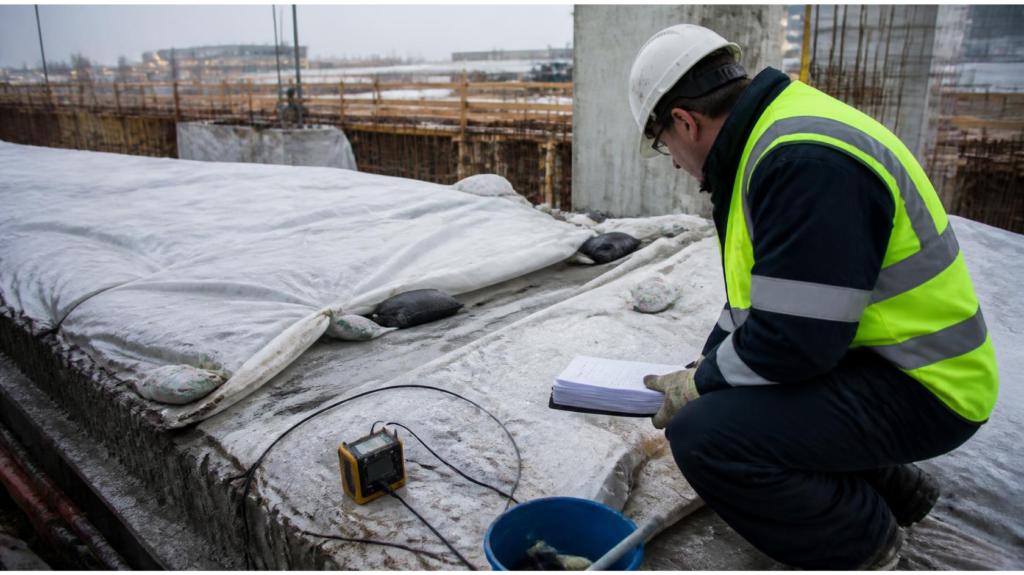 Engineer monitoring CIIIB concrete curing and temperature on site