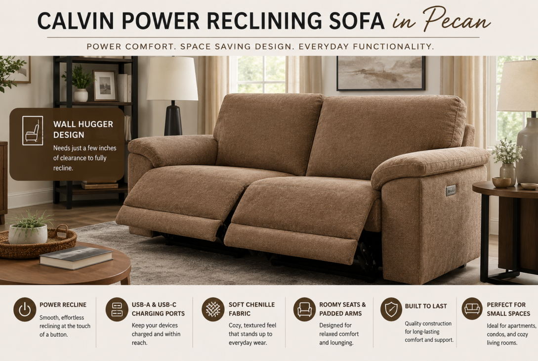 Calvin Power Reclining Sofa in Pecan with wall-hugger design in a modern living room