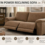 Calvin Power Reclining Sofa in Pecan with wall-hugger design in a modern living room