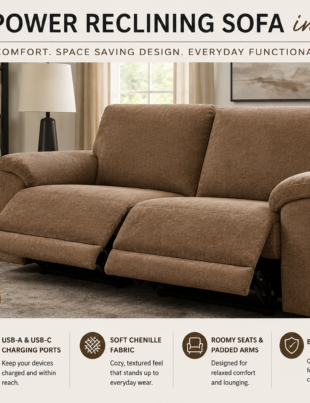 Calvin Power Reclining Sofa in Pecan with wall-hugger design in a modern living room