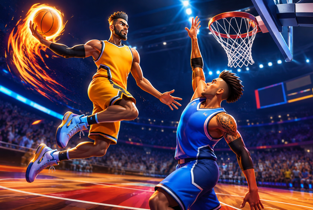 Basketball Legends Unblocked game action: Player dunks.
