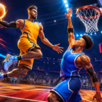 Basketball Legends Unblocked game action: Player dunks.