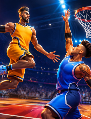 Basketball Legends Unblocked game action: Player dunks.