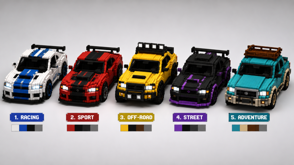 WMATM Vehicles blocky voxel car shown in five different custom color and part variations