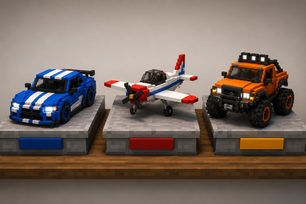 WMATM Vehicles compared to similar mods: three blocky voxel vehicles on separate pedestals