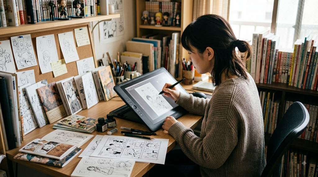 Artist creating independent doujinshi with manga pages, sketches and self-published art books
