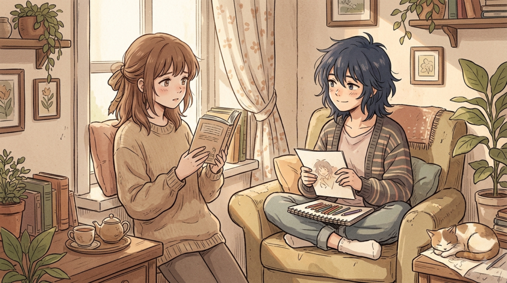 Doujen moe aesthetic shown through a quiet slice-of-life scene between emotionally connected anime-inspired characters