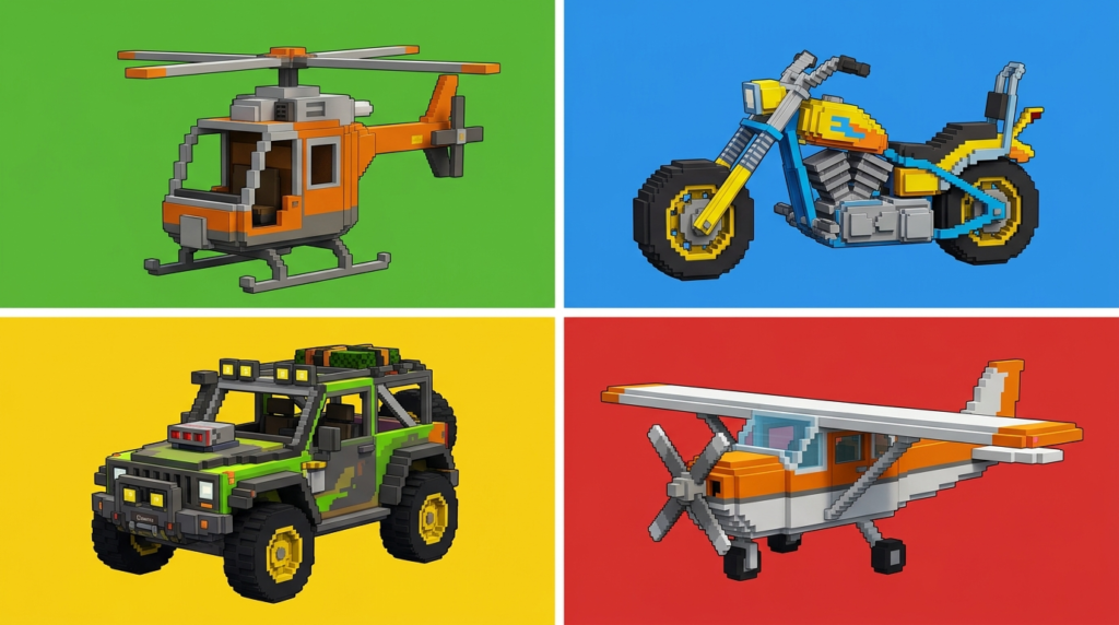 WMATM Vehicles grid comparison of four blocky voxel vehicles: car, motorcycle, plane, and helicopter