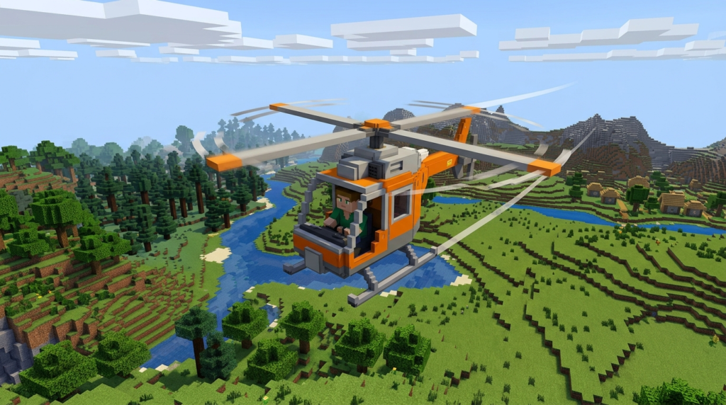 WMATM Vehicles blocky voxel helicopter flying above a blocky terrain landscape