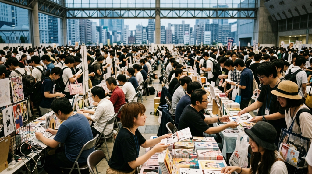 Doujen moe culture represented by creators and fans exchanging self-published manga at a Japanese convention