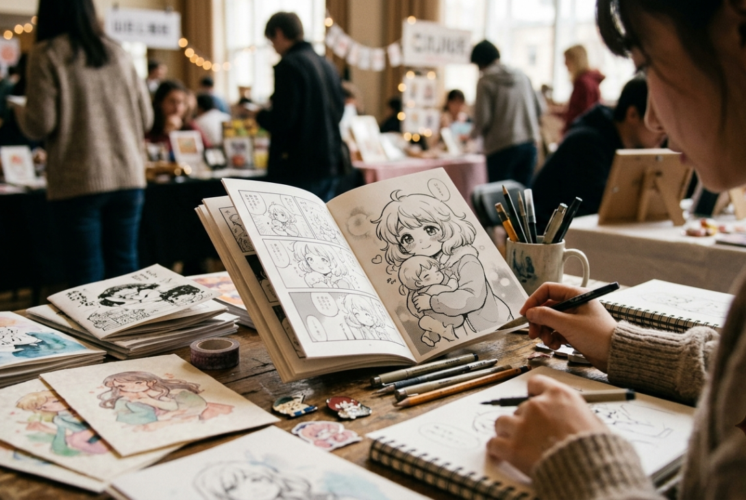 Doujen moe represented through independent manga, fan art and emotional character-driven creativity
