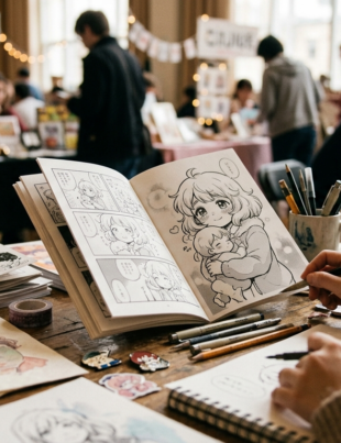 Doujen moe represented through independent manga, fan art and emotional character-driven creativity