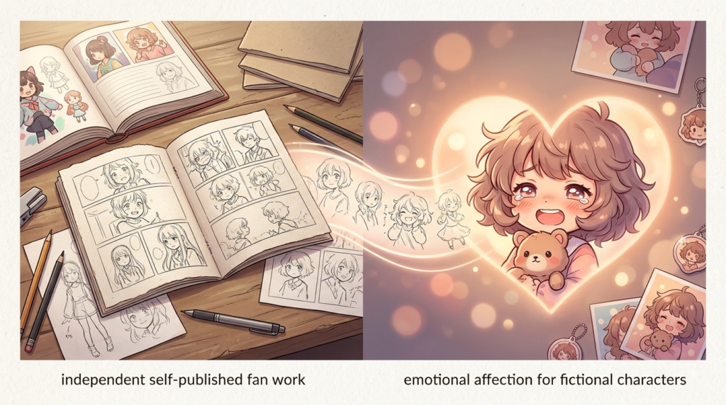 Doujen moe combining self-published doujin work with emotional affection for fictional characters