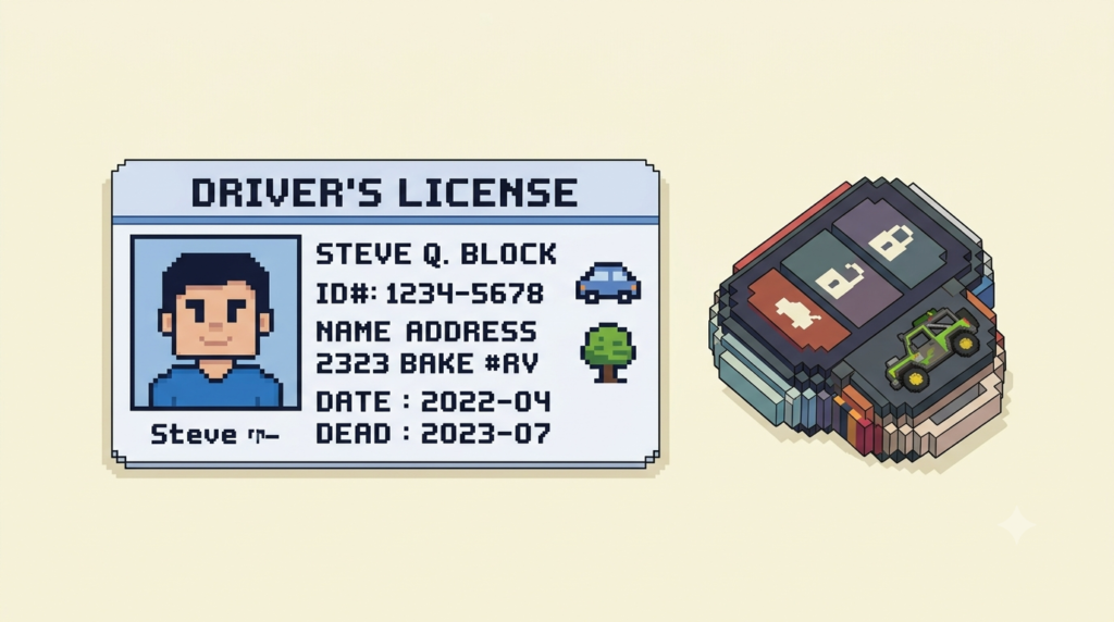 WMATM Vehicles flat-style icon of a pixel-art driver's license card next to a car key