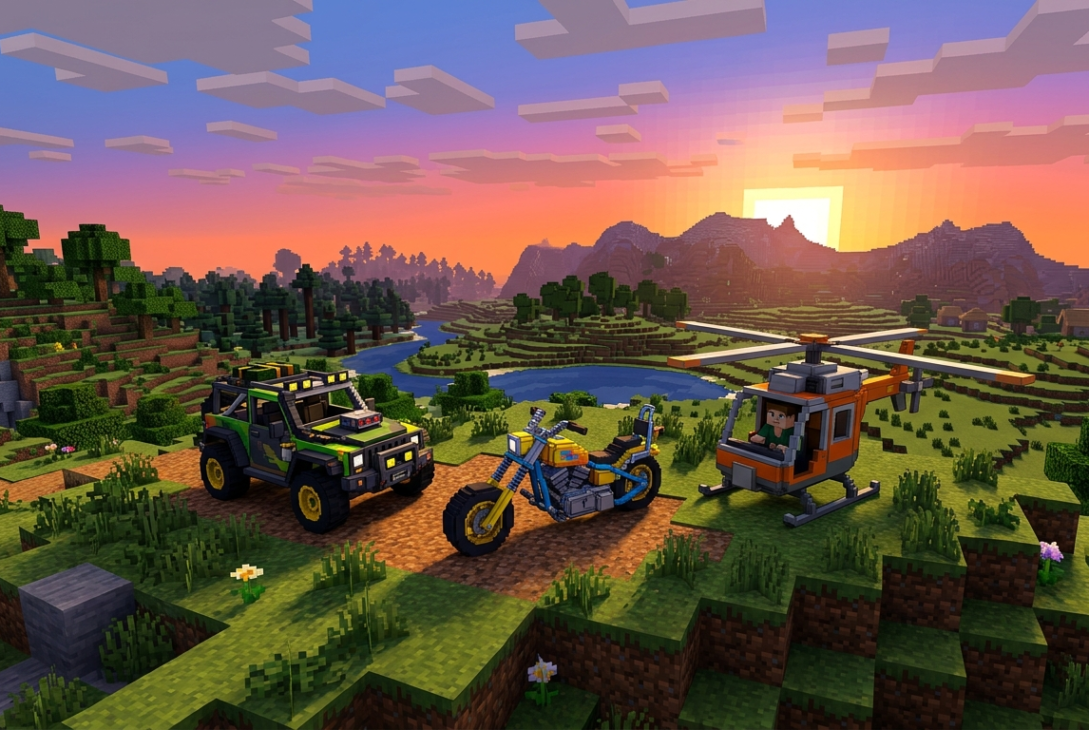 WMATM Vehicles mod: blocky voxel-style car, motorcycle, and helicopter parked on grassy terrain at sunset