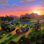 WMATM Vehicles mod: blocky voxel-style car, motorcycle, and helicopter parked on grassy terrain at sunset